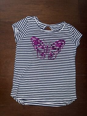 jumping beans Navy & White Striped Tee with Pink Glitter Butterfly